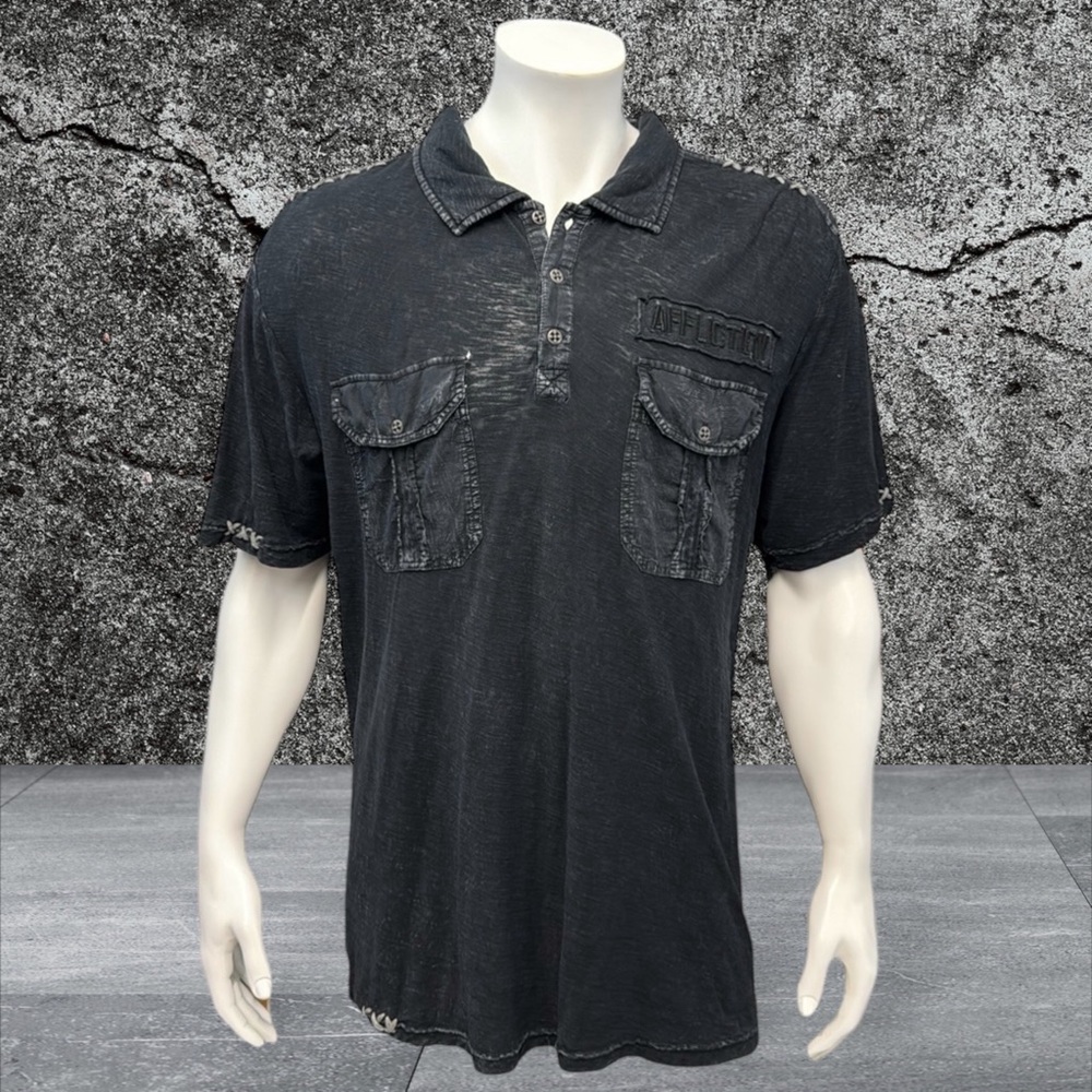 Affliction Black Distressed Embroidered Stitched Loud &Fast Grunge Polo Shirt XL